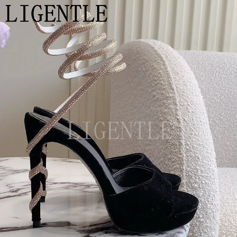 

Summer Open Toe Bling Crystal Thick Sole Sandals Women Shallow Mouth Snake Wrap High Heels Women Sexy Party Dress Shoes Woman