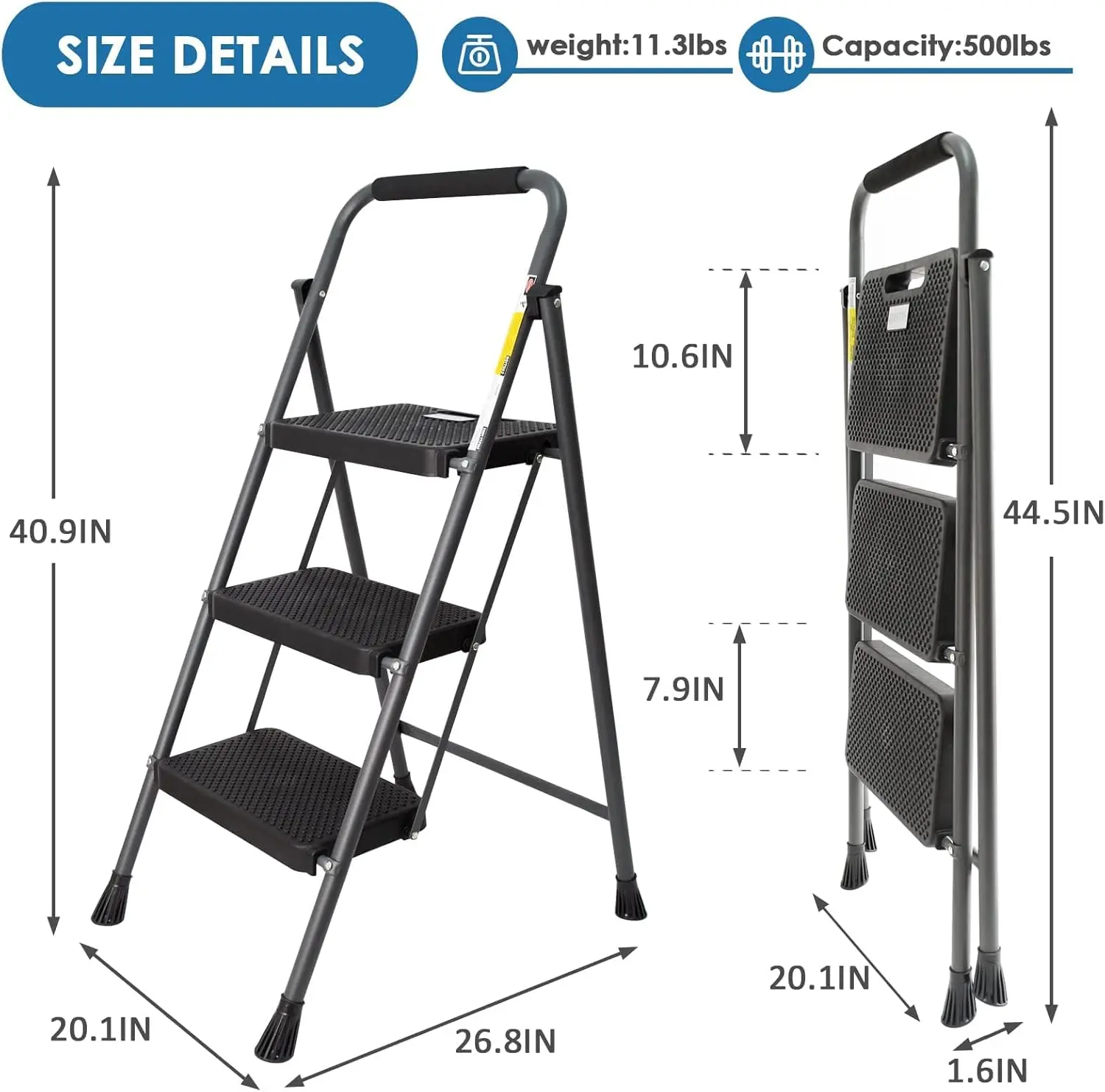 3 Step Ladder, GOLYTON Folding Step Stool with Anti-Slip Wide Pedal & Convenient Handgrip
