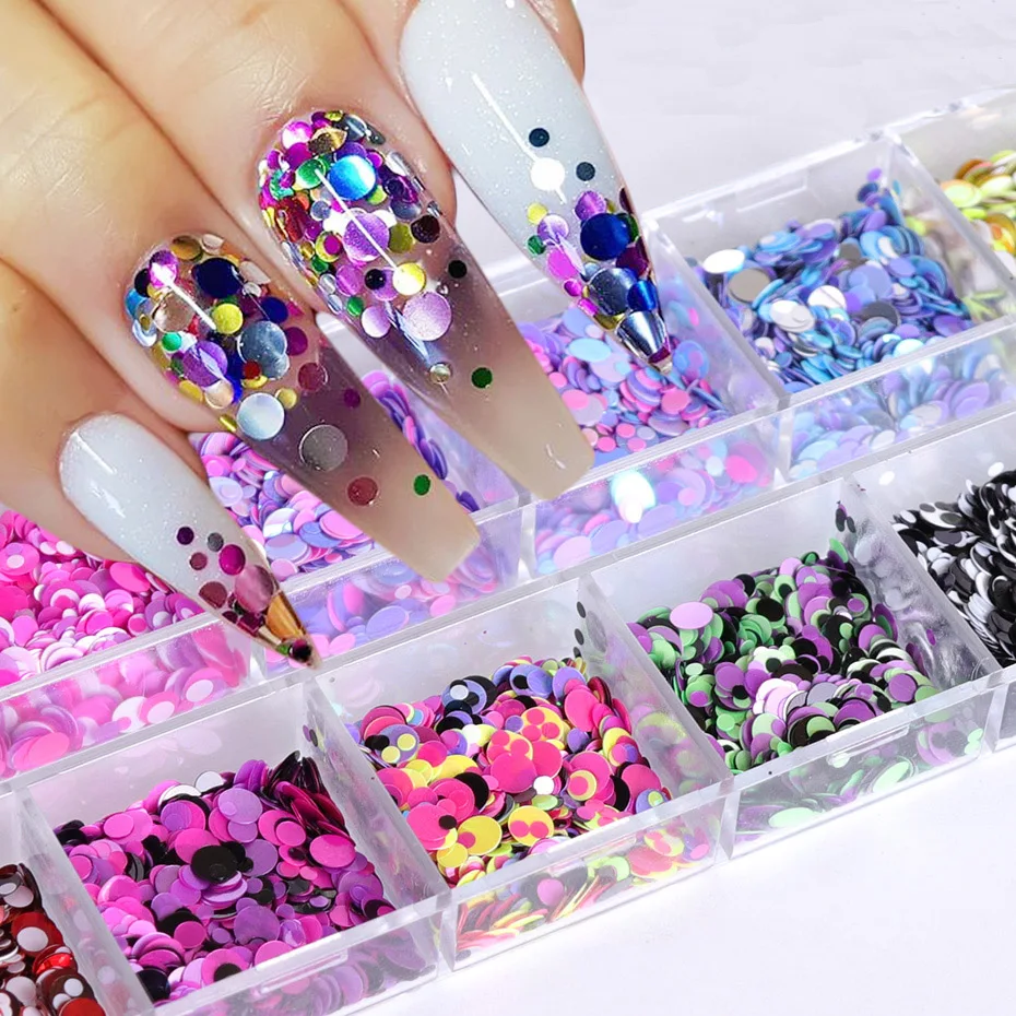 12Grid Nail Glitter Powder Mixed Color Round 3D Flakes Sequins Holographic Shiny Manicure Nail Art Decoration Accessories