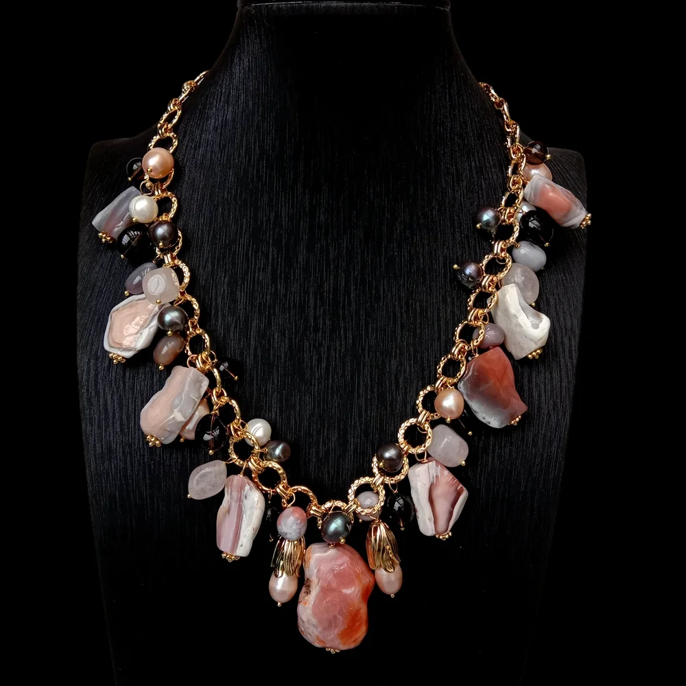 

Y·YING Natural Pink Agate Cultured Pearl Smoky Quartz Multi-Gemstone Necklace