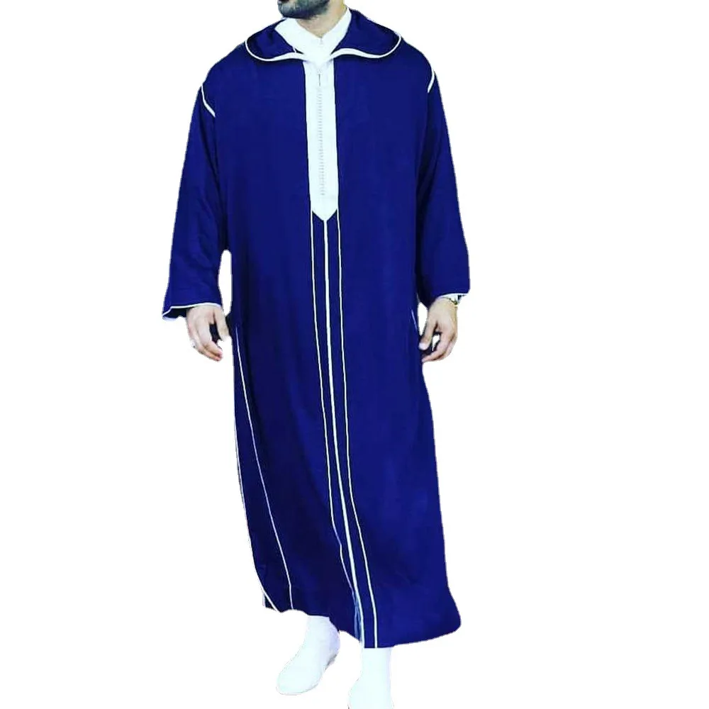 Muslim Fashion Casual Men's Robe New 2023 Dark Blue Standing Collar Muslim Robe Islamic Apparel Arabic Bonnet Homme Musulman