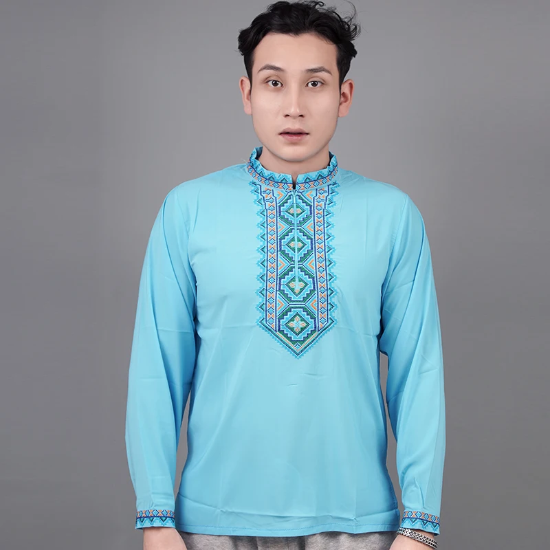 Chinese Xinjiang Uyghur Traditional Long-sleeved Embroidered Top Stand Collar T-shirt for Men Women Tshirt Tees Shirt Blouse