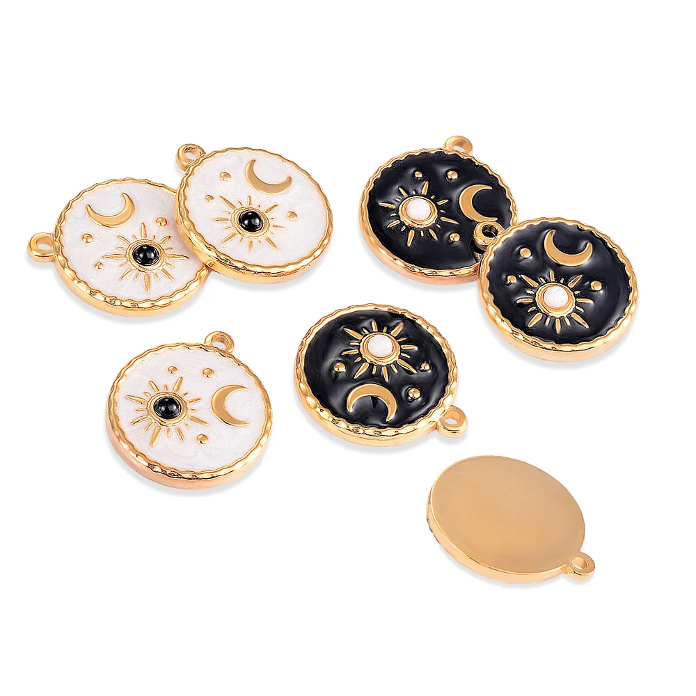 

5pcs/lot Stainless Steel Black/White Enamel Star Moon Round Charms For DIY Necklace Earrings Jewelry Making Crafts Accessories