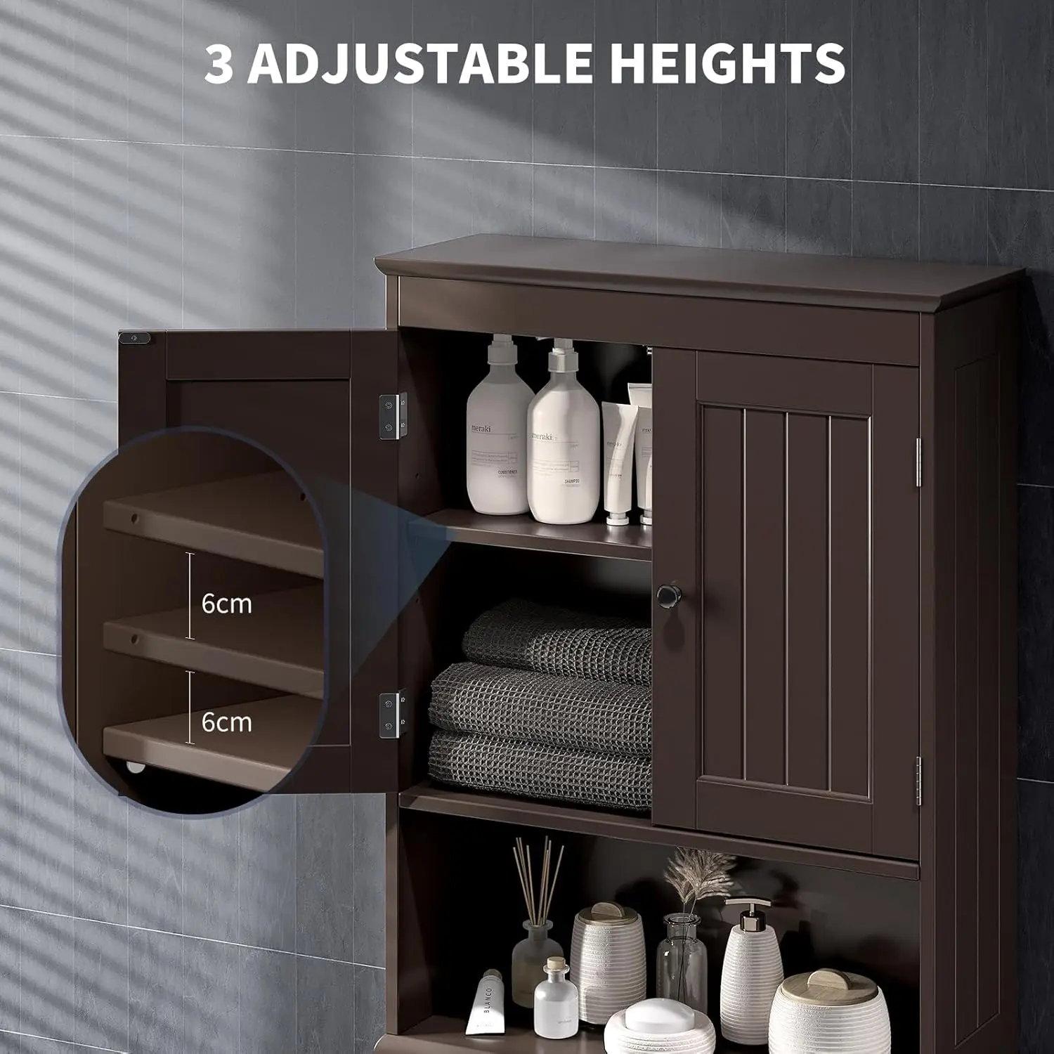 Over The Toilet Storage Cabinet with Open Shelf, Over Toilet Bathroom Organizer with Adjustable Shelf and Double Doors 5