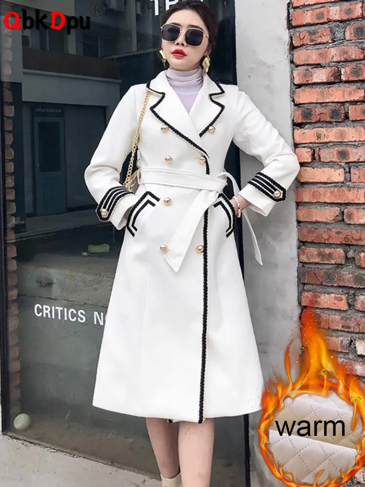 Winter Long Slim Woolen Jackets Thicken Cotton padded Lined Wool Blend Abrigos New Korean Office Double Breasted Coats With Belt winter jacket women stand collar grandma parkas thicken warm down cotton padded coat middle aged mother jackets doudoune femme
