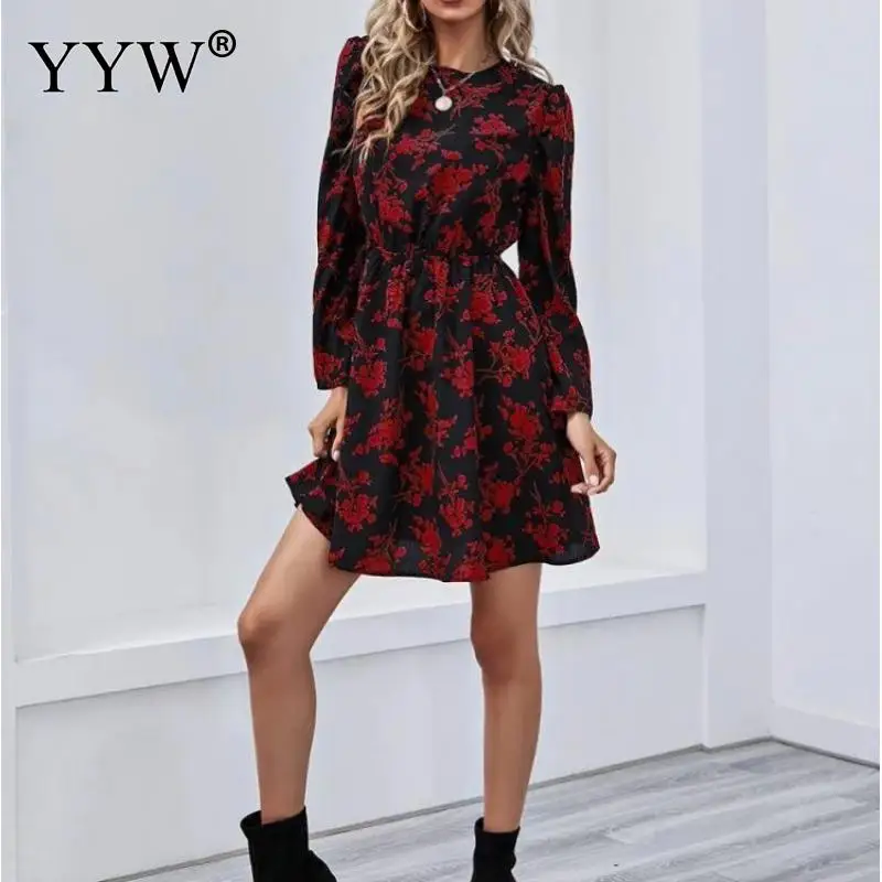 

Fall Dress For Women 2023 Boho Femme Party Long Sleeve Elegant Dresses Vintage Flower Print Knee-Length Frock Red New Year Gown