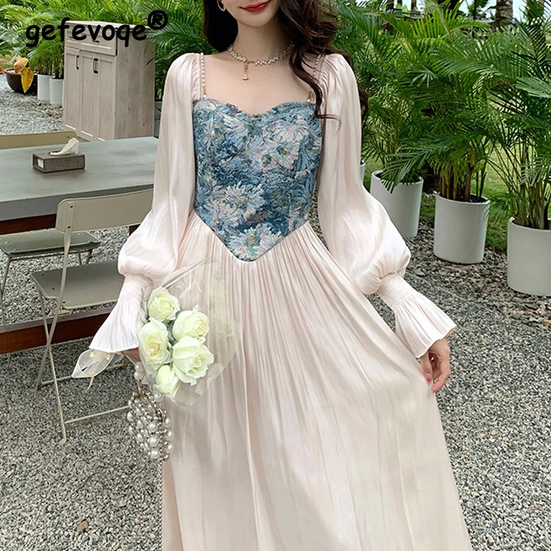 

Women Y2K Vintage Floral Print Patchwork Square Collar Elegant Party Dresses Beaded Chic Fairy Sweet Pleated Midi Dress Vestidos