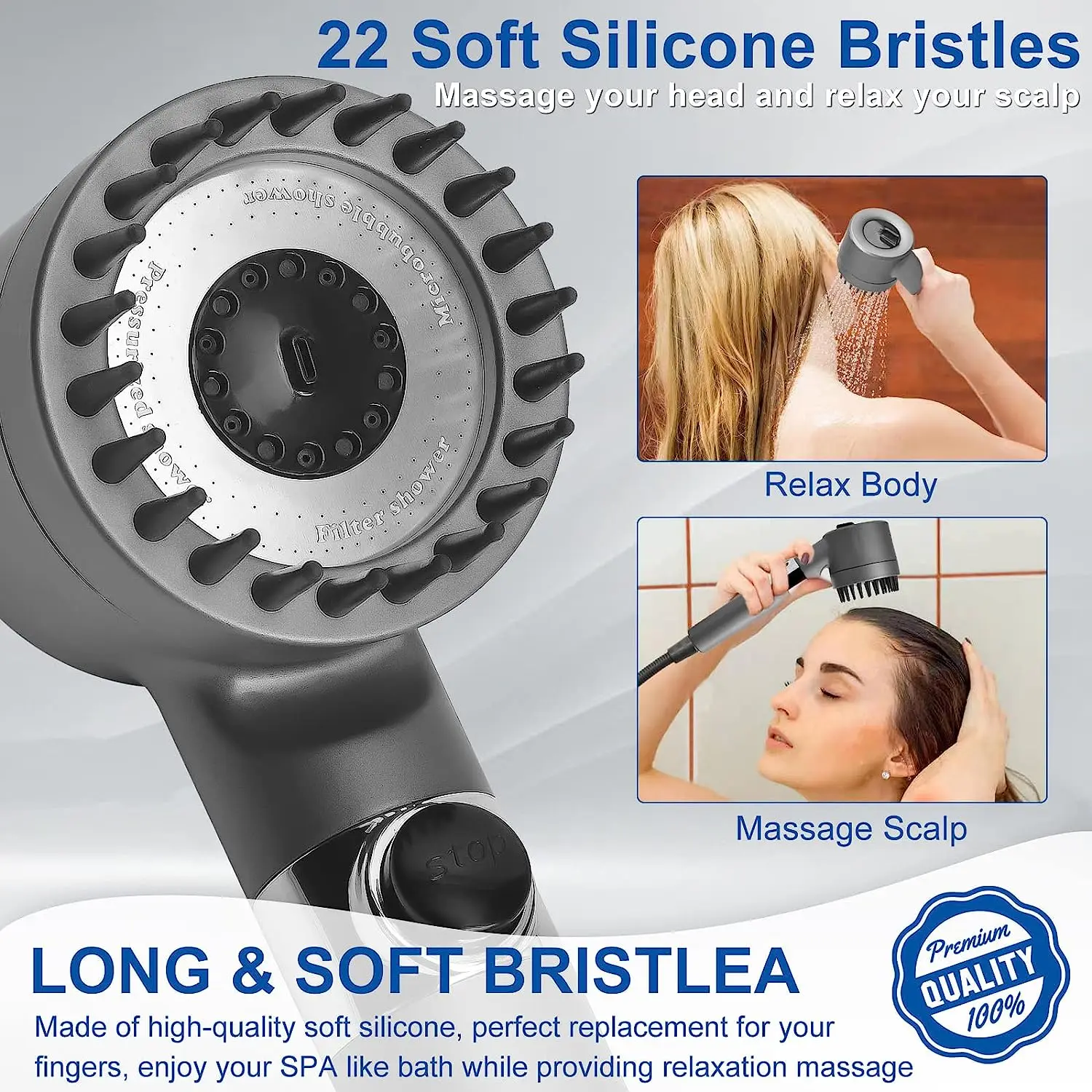 Shower Head 3 Modes Adjustable Water Spray Massage Brush Filter Bathroom Accessories