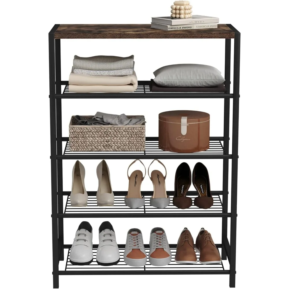 HOMEFORT 5-Tier Metal Shoe Rack, All-Metal Shoe Tower, Shoe Storage Shelf  with MDF Top Board, Each Tier Fits 3 Pairs of Shoes, Entryway Shoes