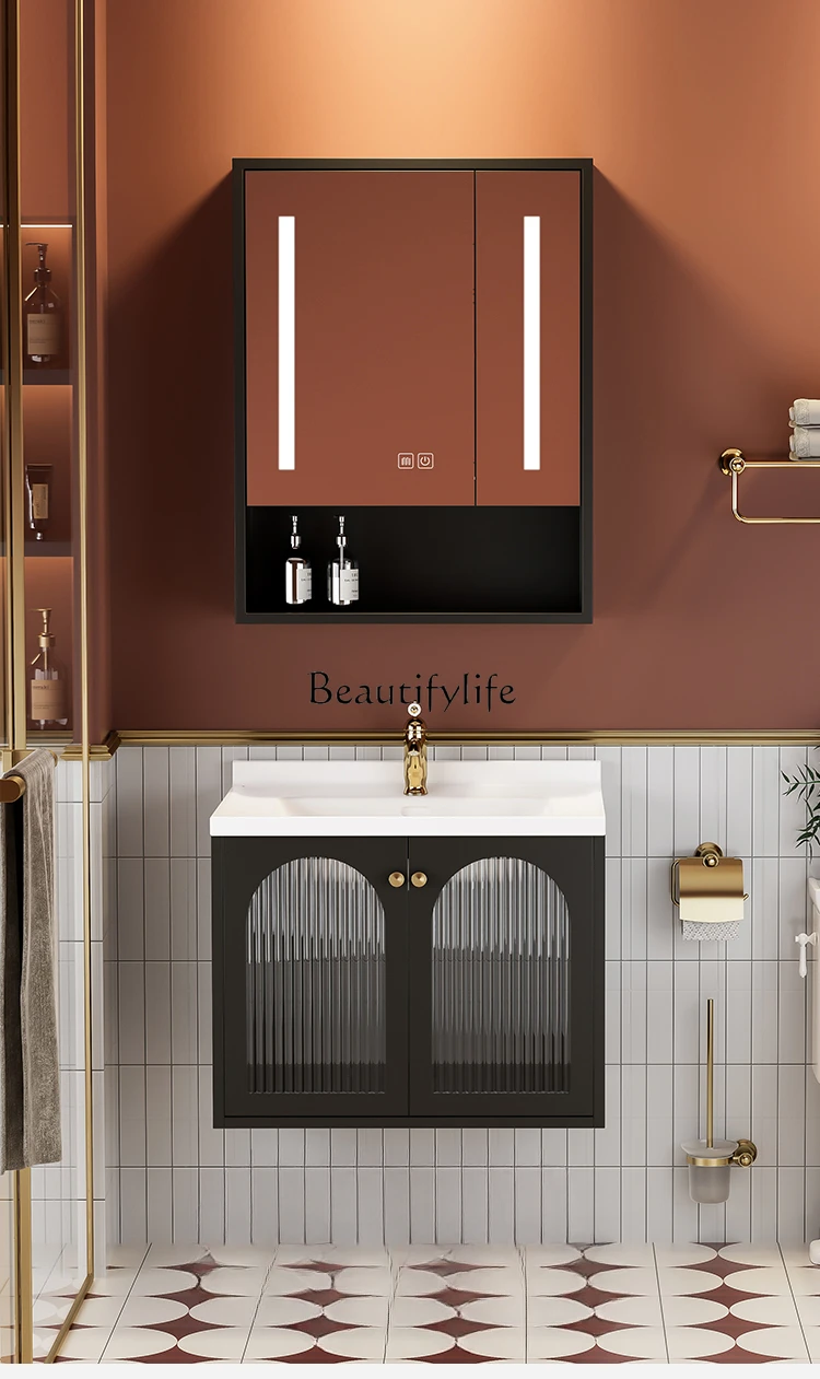 

French Style Retro Bathroom Cabinet Combination Oak Paint Washbasin Bathroom Ceramic Integrated Hand Washing Washstand