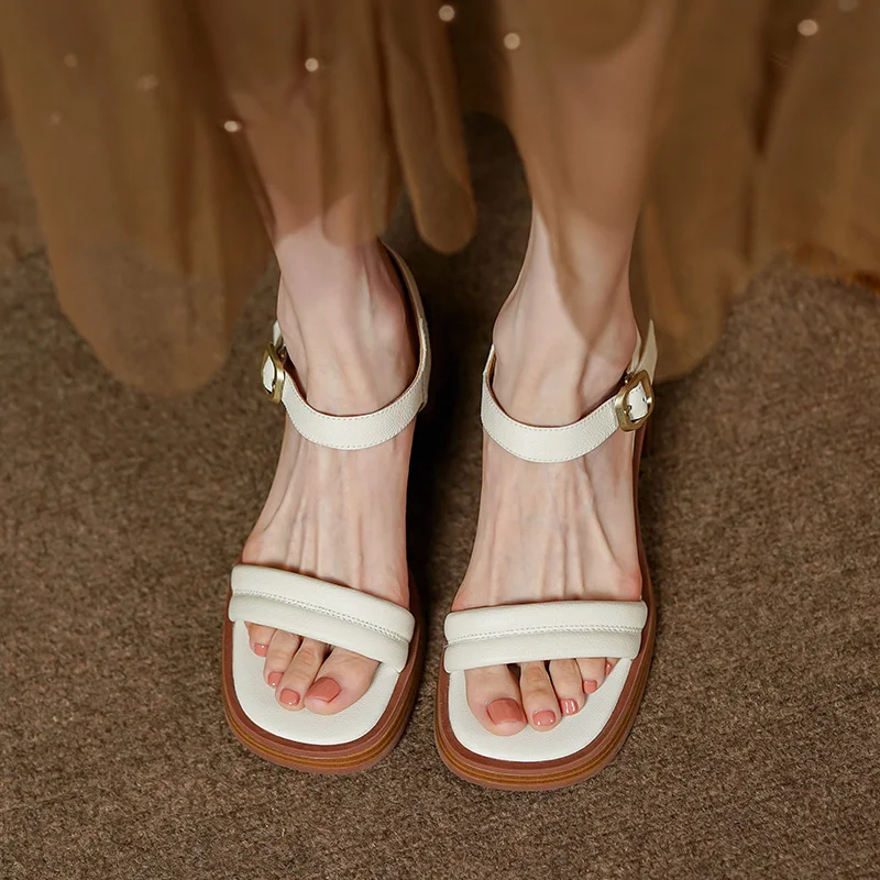 

Retro Shoes On Thick Heel 5.5CM Woman Summer Sandal Open Toe Sandalias Cowhide Gladiator Sandals Elegant Lady Shoes Roman Style