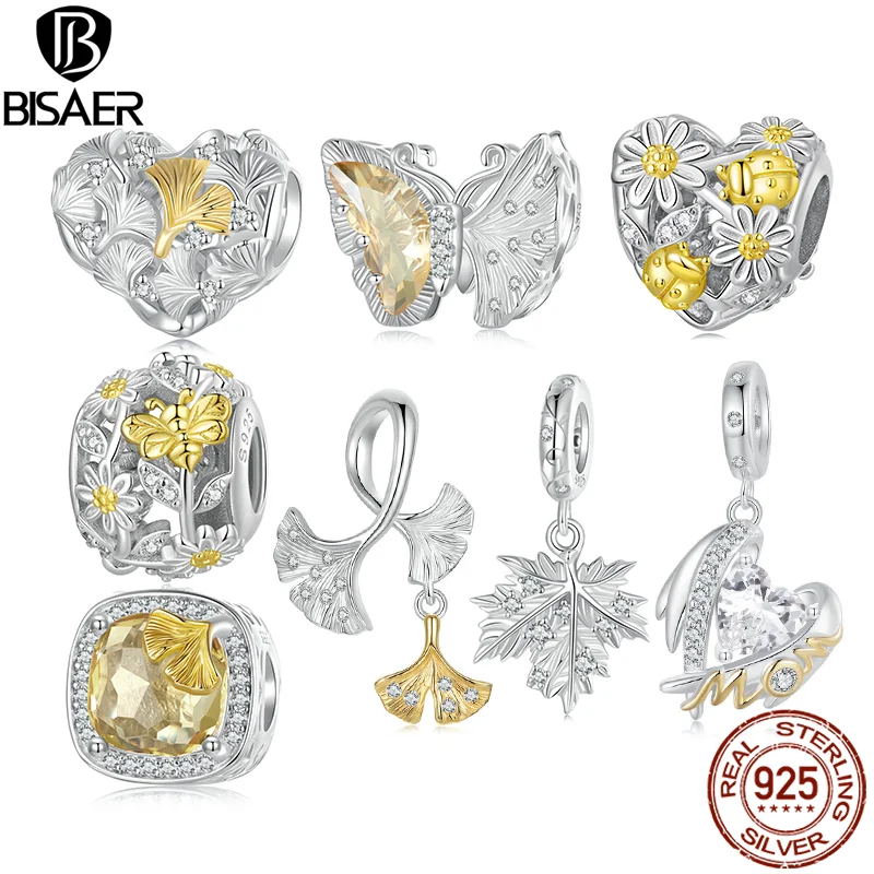 BISAER 여성용 925 스털링 실버 은행잎 펜던트, 은행나비 잎, 가을 매력 구슬, DIY 팔찌, 파인 쥬얼리 선물