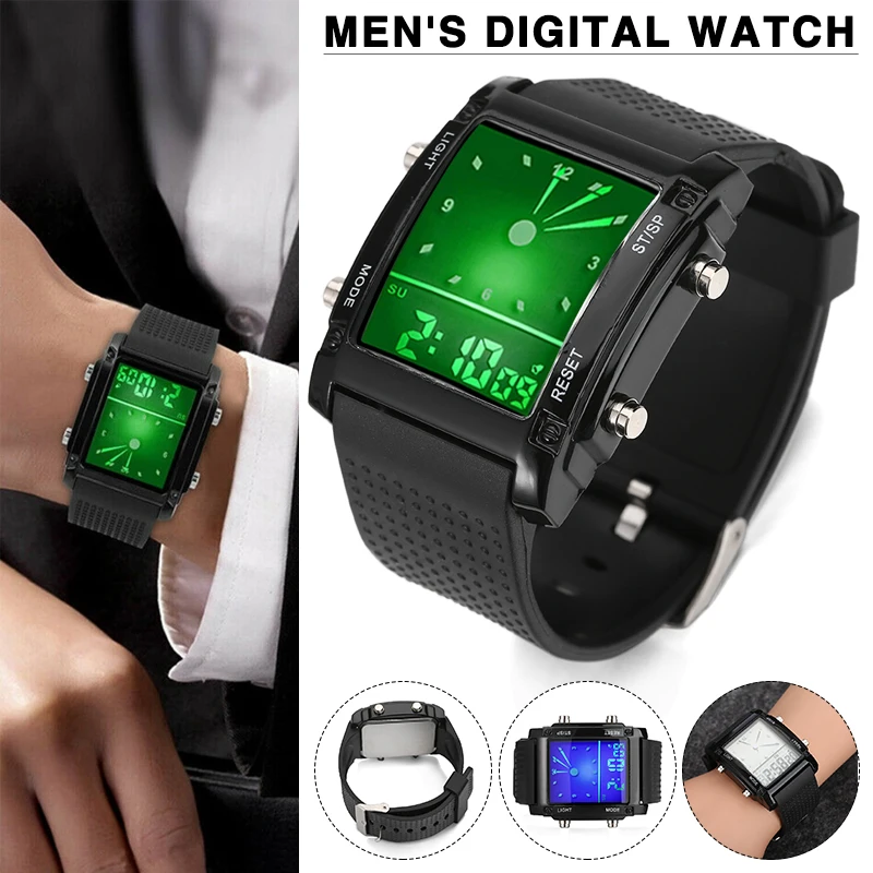1pc Mens Watches Alarm Date Analog Digital 5ATM Waterproof Sport Watch 7-color LED Backlight Multi-function Watches Great Gift