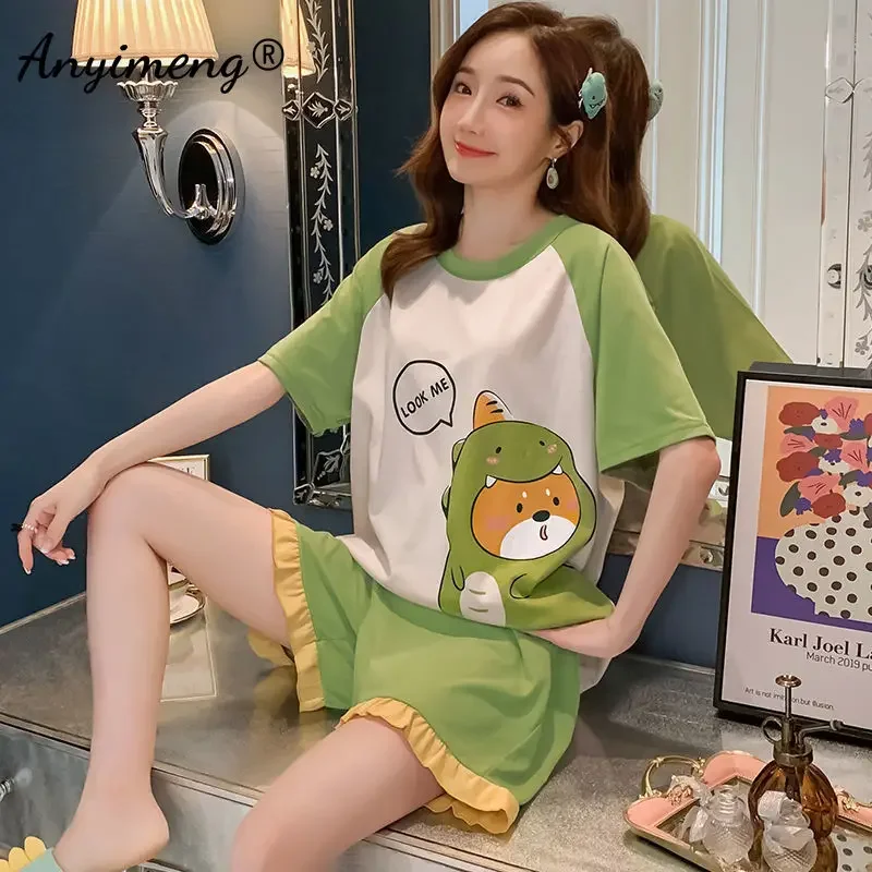 Kawaii Cartoon Dinosaur Pajamas Set for Womens Summer M-5XL Girls Shorts Fashion Loungewear Women Cute Pijamas Lady Sleepwear