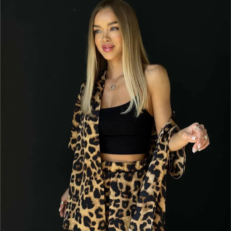 Summer Leopard Pants Sets Short Sleeve 2 Pieces Set Trafza Two Piece Sets Traf Women Outfit Summer Women's Suit Loose Tracksuit