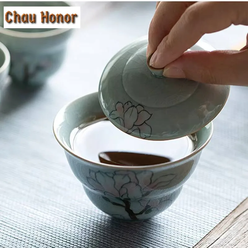 125ml Borneol Glaze Hand-painted Magnolia Covered Bowl Handmade Household Kung Fu Teaset Tea Ceremony Accessories Drinkware Gift