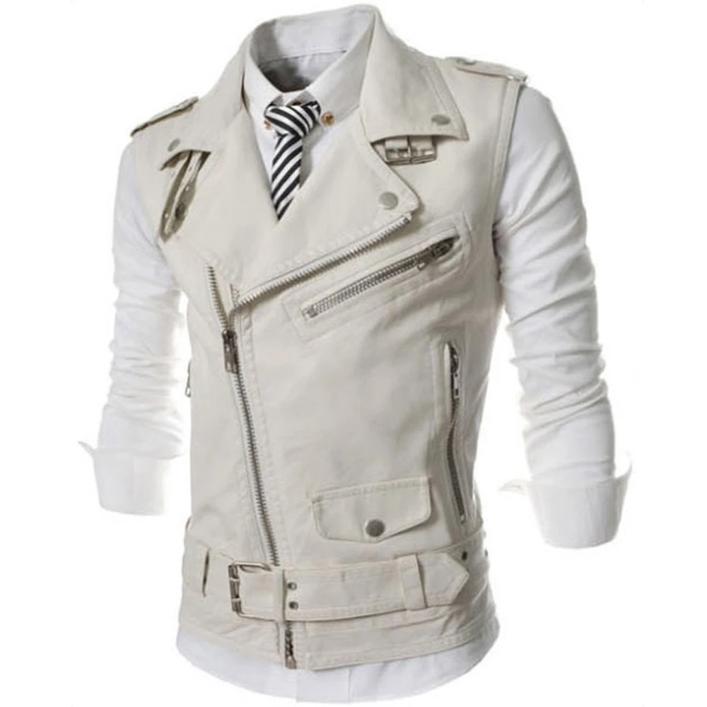 

H2023 igh Quality Men's Fashion Leather Vest Jacket Sleeveless Diagonal Zipper Windproof Design Cool Coat