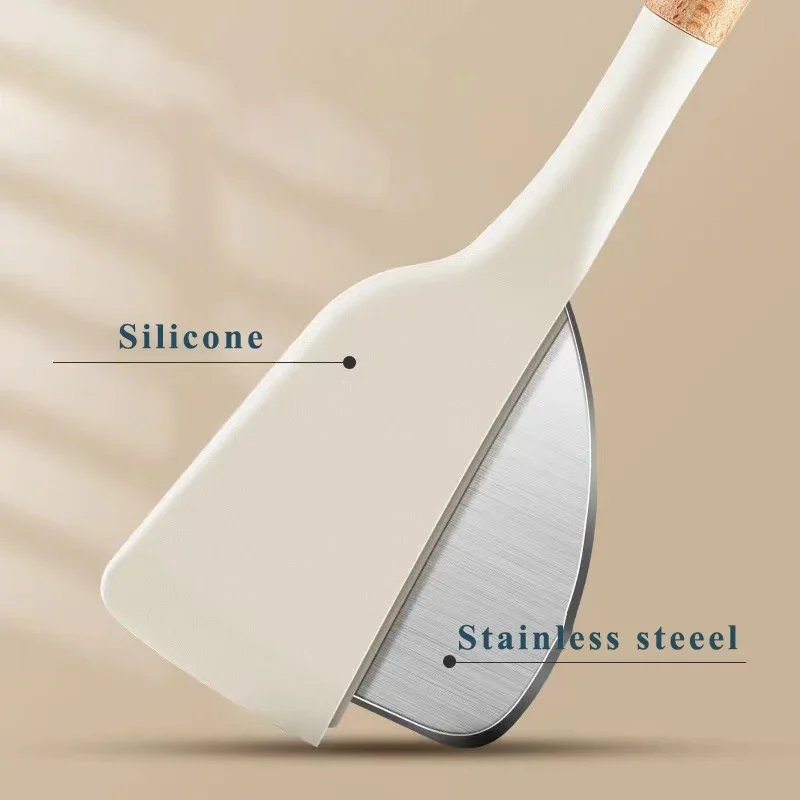 3PCS Set of Kitchen Utensils Wooden Handle Silicone Cooking Utensils Non Stick Shovel Cooking Rice Scoop Baking Tools silicone spatula silicone kitchen utensils silicone cooking spoon cooking scoop
