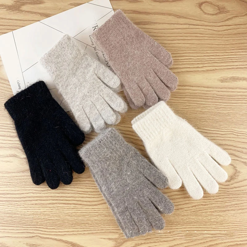 

1 Pairs Knitted Mittens Solid Color Imitation Cashmere Outdoor Gloves Plush Warm Full Fingers Non-slip Soft Keep Warm