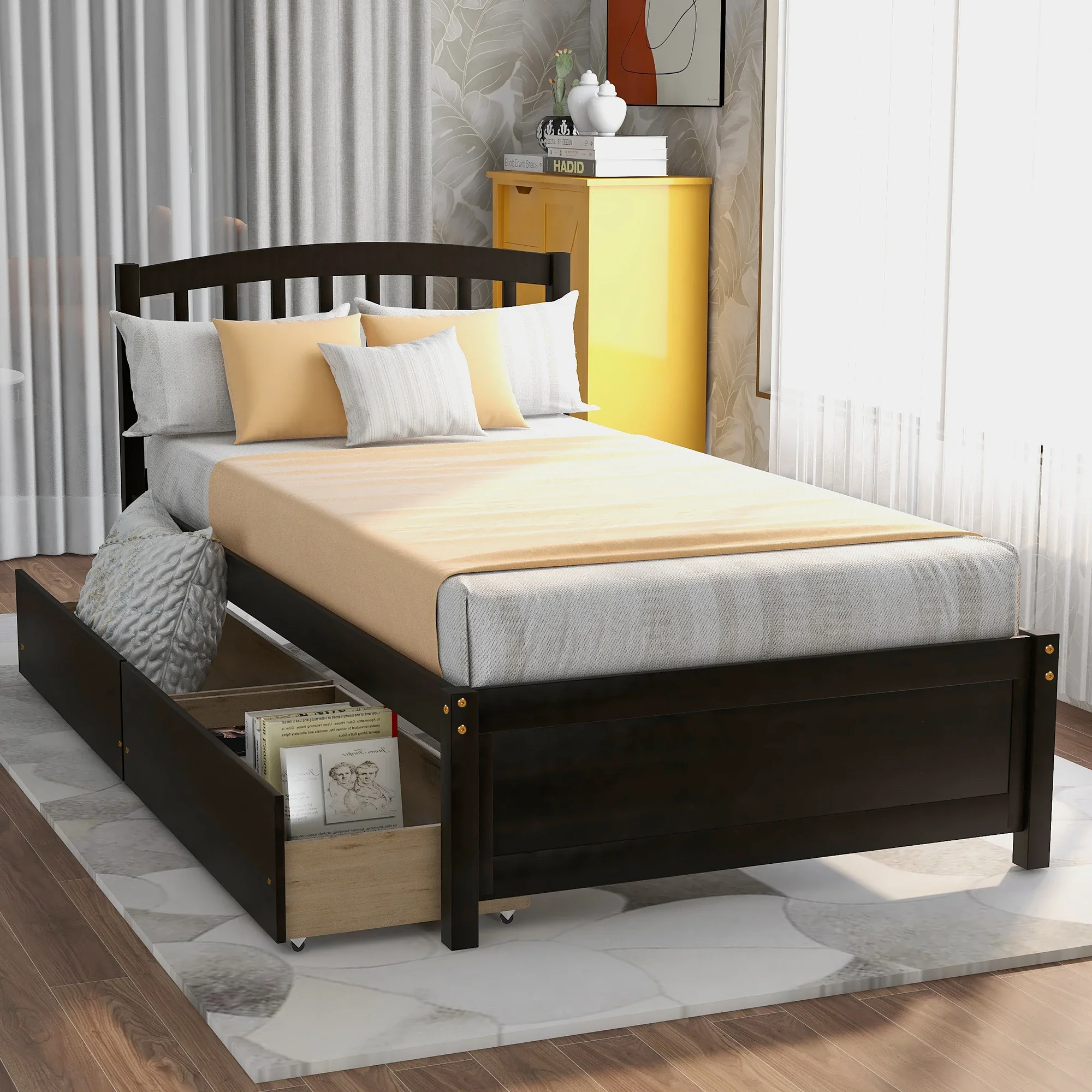 Двойная платформа для хранения детской кровати с двумя ящиками и изголовьем кровати, эспрессо платформа для кровати королевский размер с мягким изголовьем современная роскошная мебель для спальни деревянные кровати полные кровати
