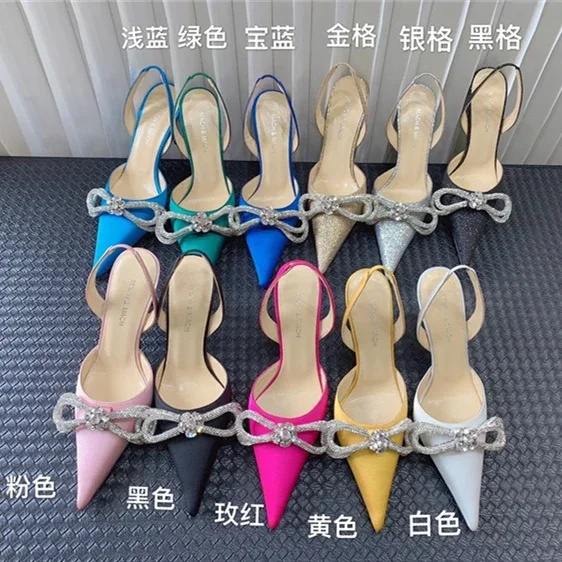 

rhinestone bow silk satin sexy crystal pointed toe stiletto sandals Mach Women's Designer Stilettos High Heel Pumps Luxury Shoes