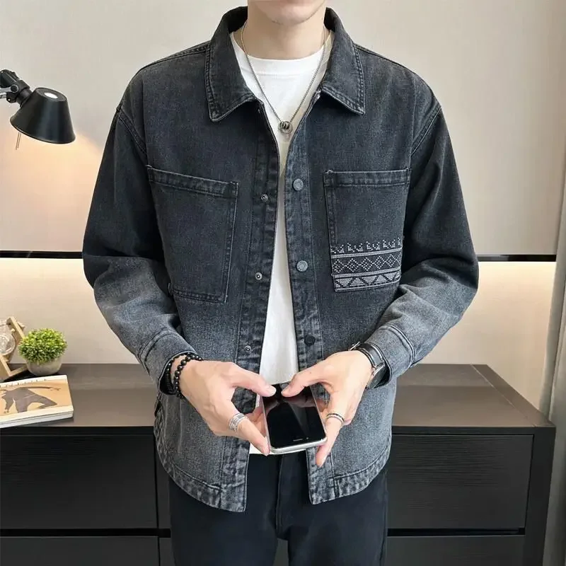 

Male Jean Coats Black Autumn Men's Denim Jacket Gradient Color with Embroidery Lxury High Quality Winter 2023 Menswear Korea G