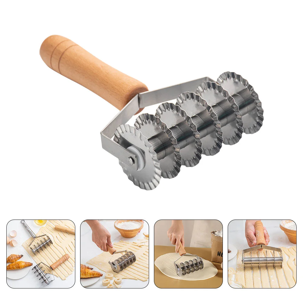 

Stainless Steel Lattice Cutter Dough Lattice Roller Cookie Pie Pizza Bread Pastry Crust Roller Cutter Wood Handle Kitchen