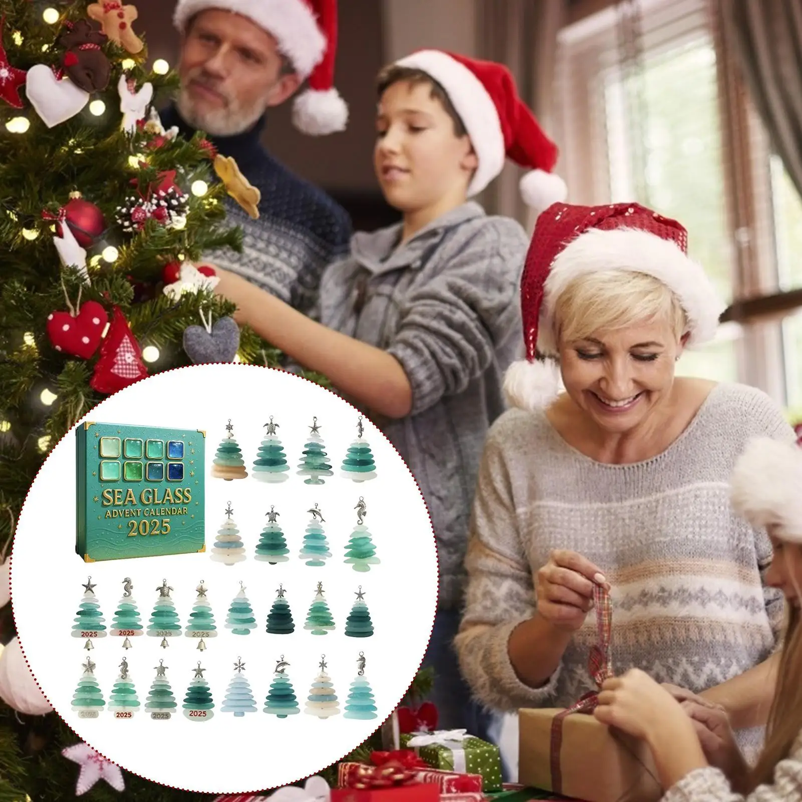 Christmas Countdown Calendar 2D Acrylic Ornament 24 Days Sea Glass Christmas Ornaments Advent for Home Window Wall Decoration