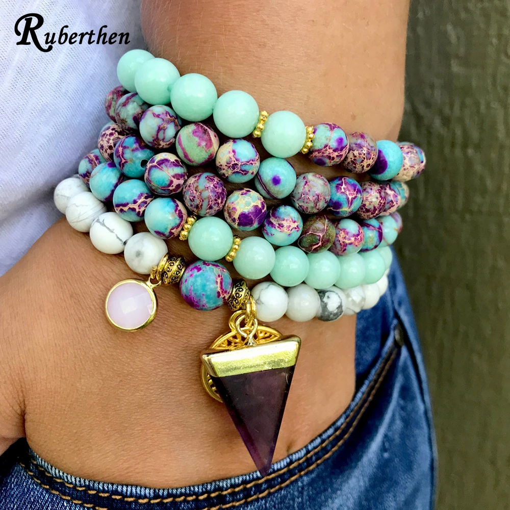 

Ruberthen Natural Howlite 108 Mala Necklace Womens 6 mm Purple Jasper Mala Beads Amethyst Charm Meditation Buddhist Jewelry