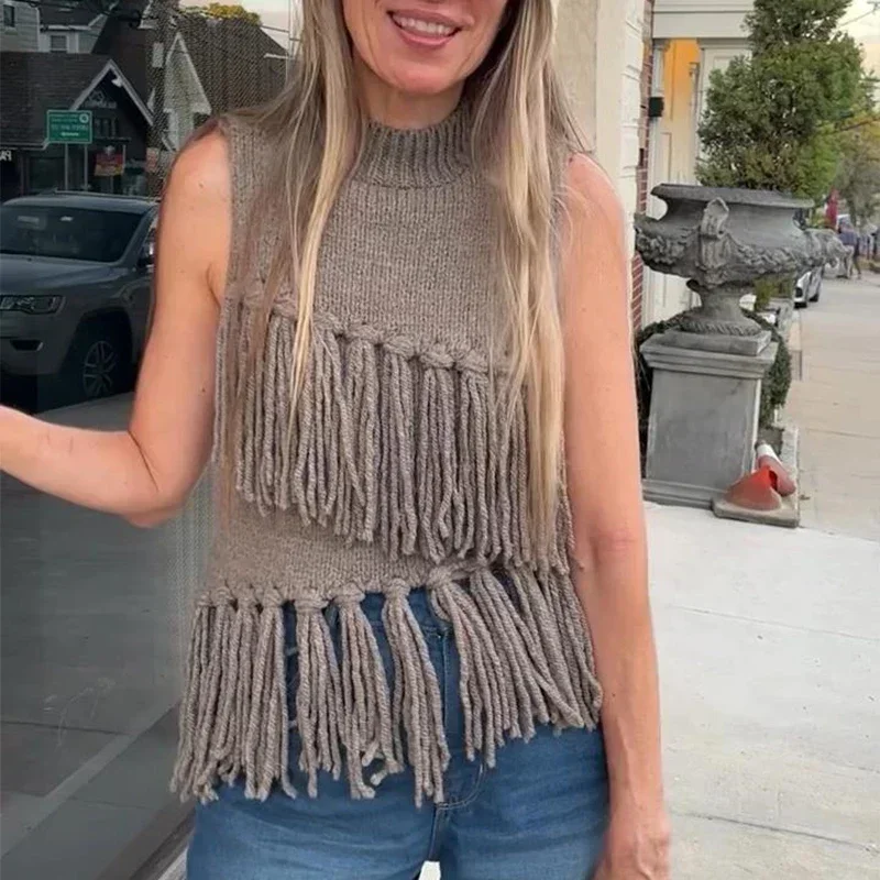 Chaleco de punto con borlas de calle para mujer, suéter de cuello medio alto, sin mangas, ajustado, camiseta sin mangas para mujer, primavera 2025, ropa de abrigo suave para mujer