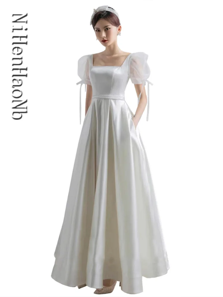 

White Satin Wedding Dresses for Bride Formal Elegant Puff Sleeve Evening Guest Long Party Summer Dress Women Formal Vestidos