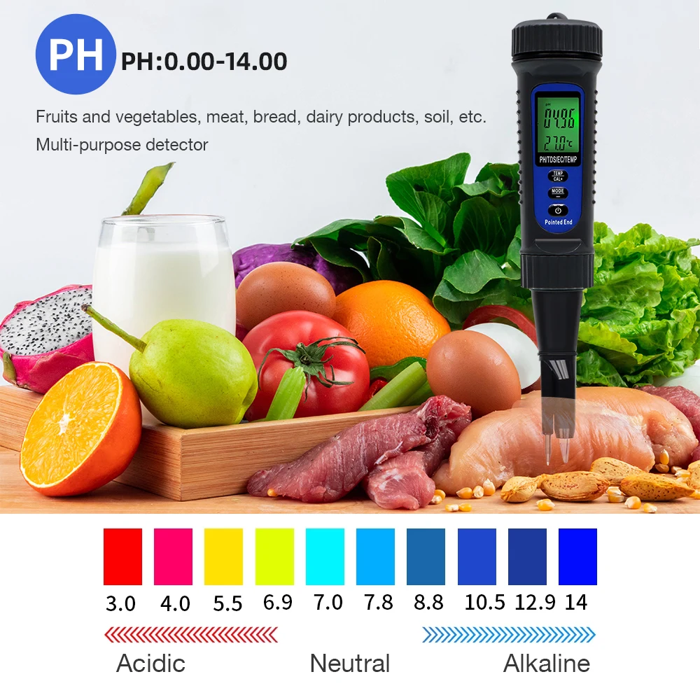 Digital Food PH Meter 4 in 1 LCD Display EC TDS Temp PH Meter Soil Tester