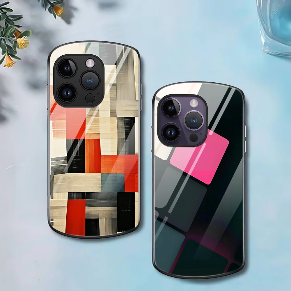 

Oval Tempered Glass Phone Case for iPhone 15 14 13 Pro Max Mini XR XSMax 7 8 Plus SE Geometry Stitching Coque for iPhone 12 11