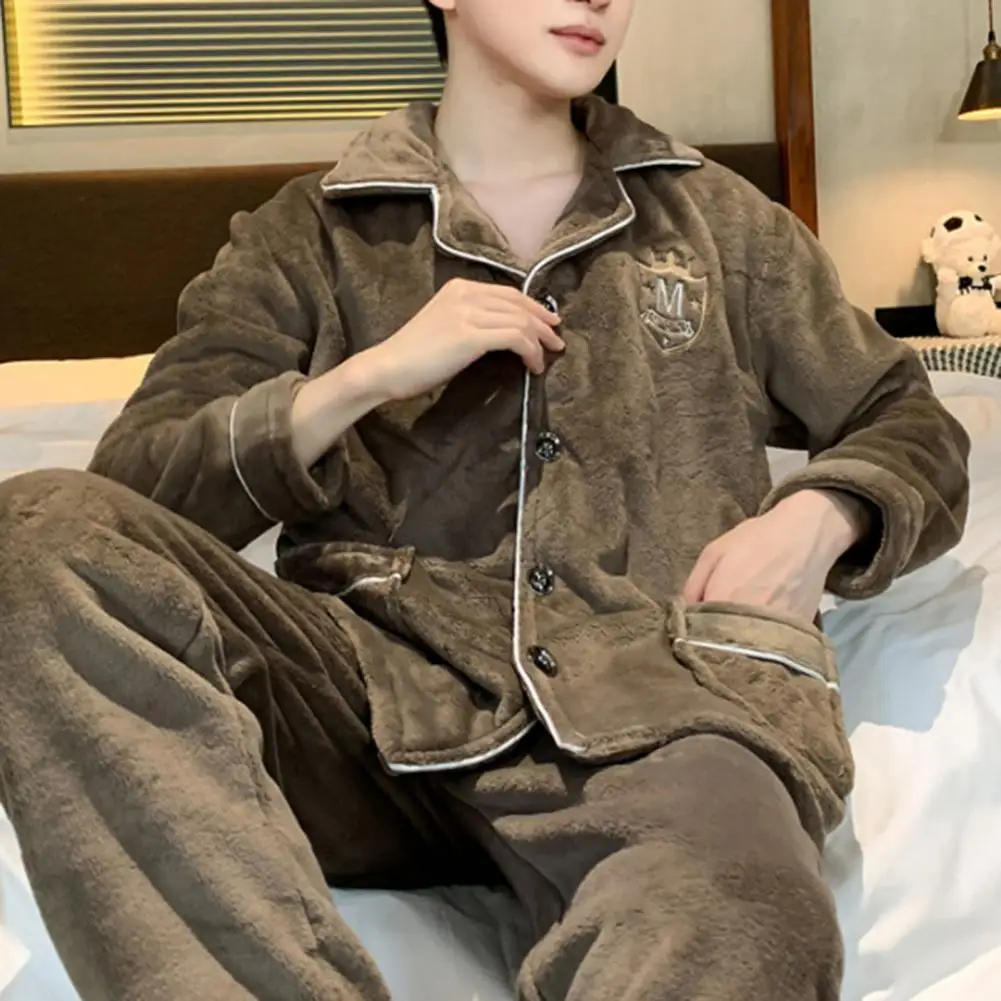 Men Winter Pajamas Set Lapel Thicken Plush Warm Flannel Pajama Set Warm Flannel Two-piece Homewear Men Pajamas Home Loungewear