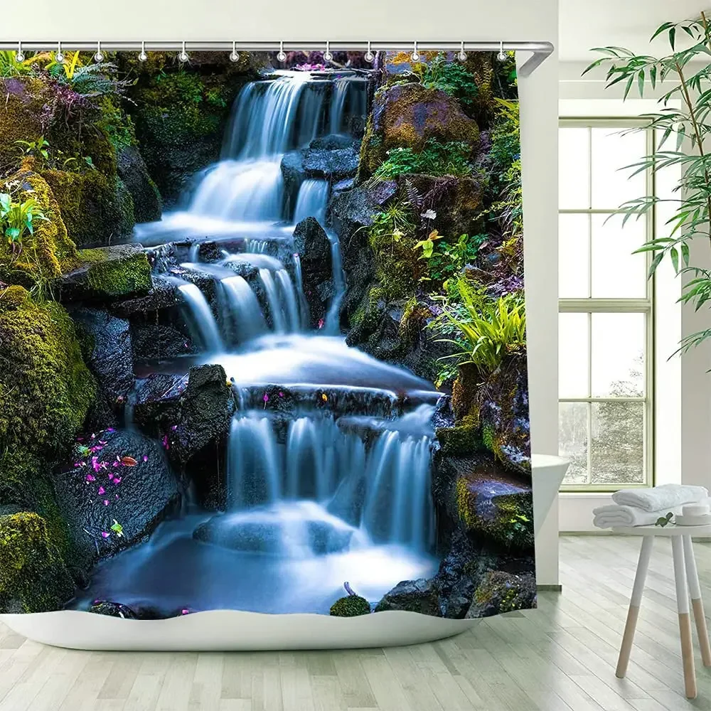 

Занавеска для душа с пейзажем водопада, аксессуары для ванной комнаты с зеленым тропическим лесом, декоративный экран из полиэстера с крючками