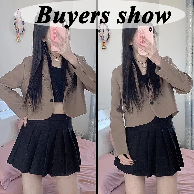 Women Korean Cropped Blazers Solid Color Simple Single-button Outwear Teens All-match Long Sleeve Office Suit Jacket blazer