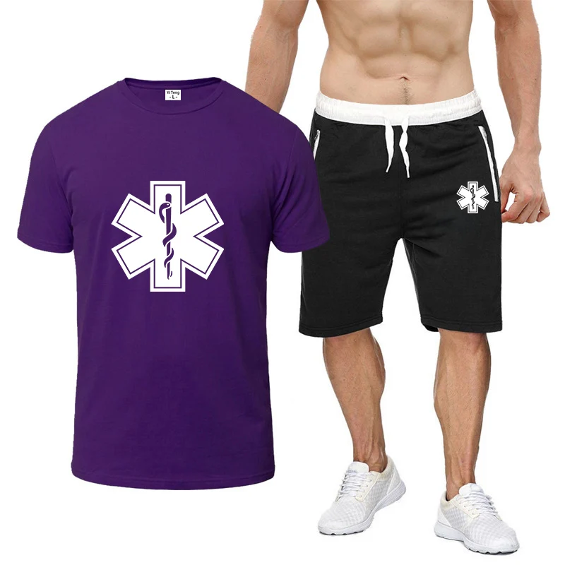 Emergency medical emergency medical 2023 men's summer new printing fashion casual eight-color short-sleeved T-shirt shorts two-p