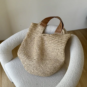 Borse da Spiaggia Intrecciate a Mano per Donne, Borsa Grande da Viaggio, Borsa a Tracolla Bohémien in Paglia, Shopper per Vacanze, Clutch