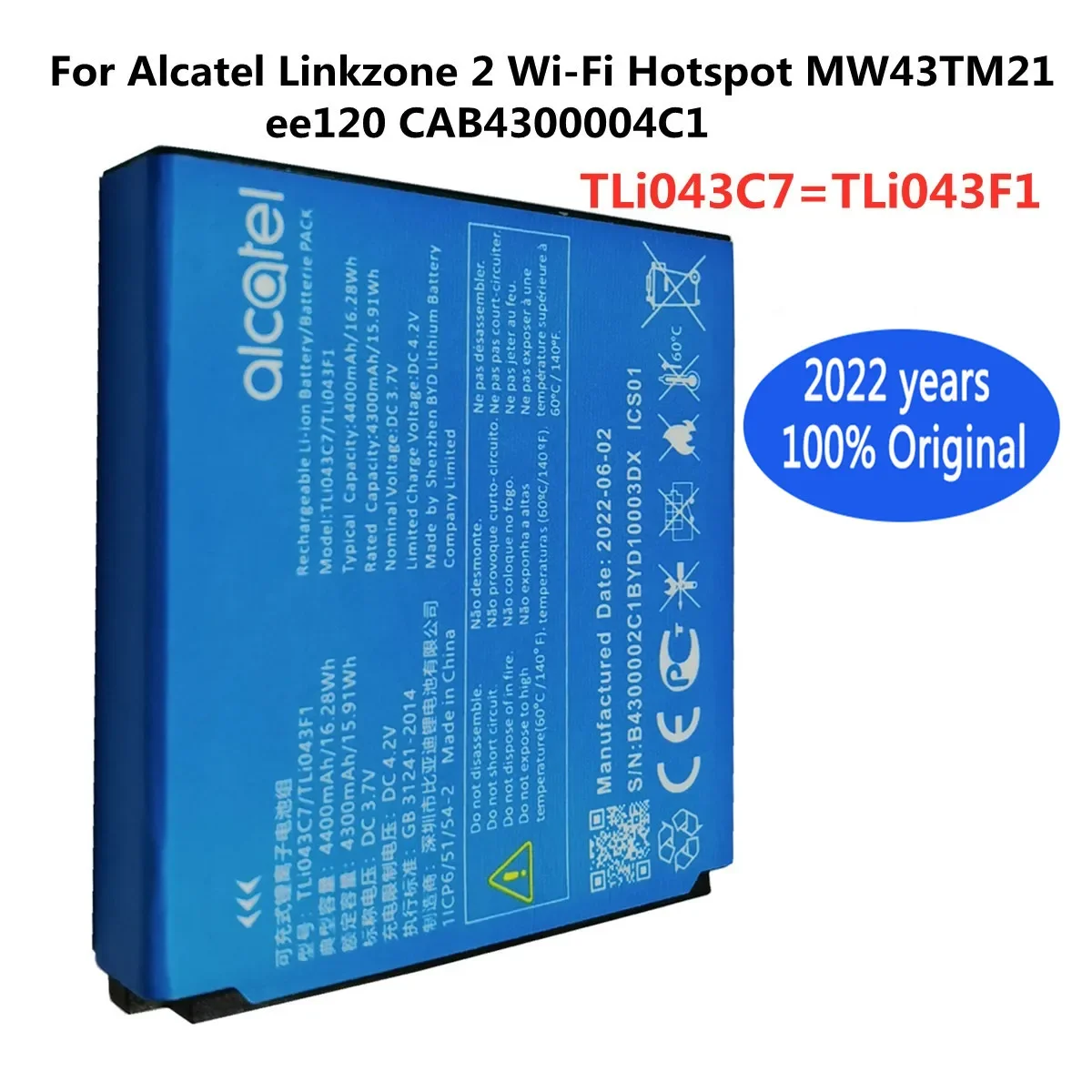 

New 4400mAh TLi043C7 TLi043F1 Original Phone Battery For Alcatel Linkzone 2 Wi-Fi Hotspot MW43TM21 ee120 CAB4300004C1 Batteries