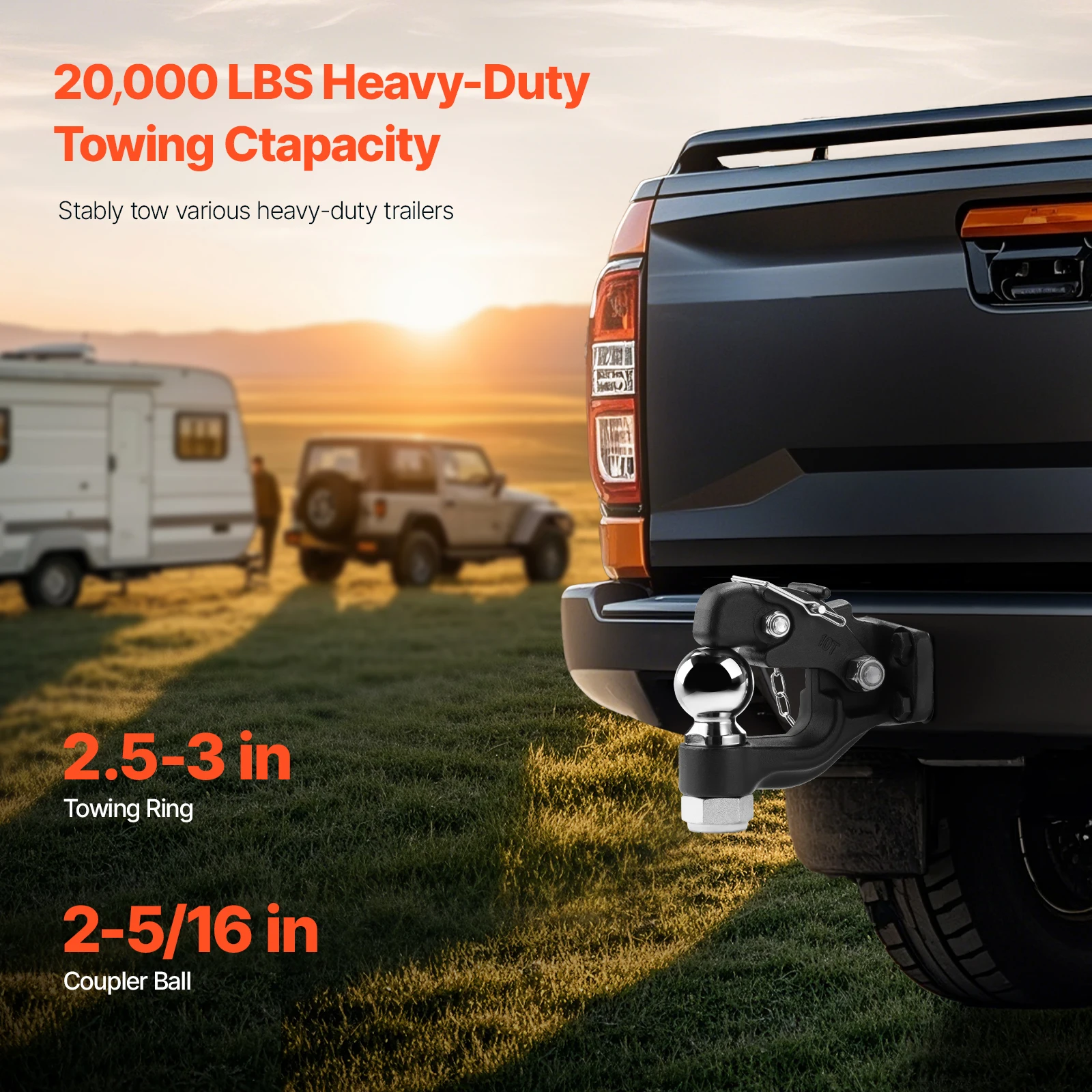 SucceBuy 20000/30000Lbs Pintle Hook Trailer Receiver Hooks Combination 2-5/16in Hitch Ball fits 2.5-3in Lunette Ring for Truck