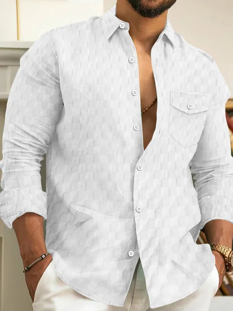 Shirt For Men High Quality Casual Comfort Checkered Chest Pocket Solid Color Lapel Button Long Sleeve Cardigan Tops 2