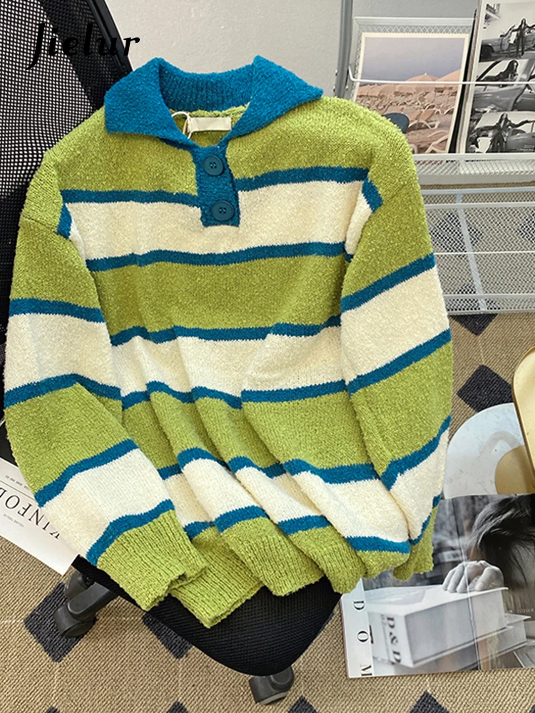 Jielur Autumn Contrast Color Stripe Women Hoodies Casual Loose Street Hoodies Woman Red Green Fashion Knit Sweatshirts Female