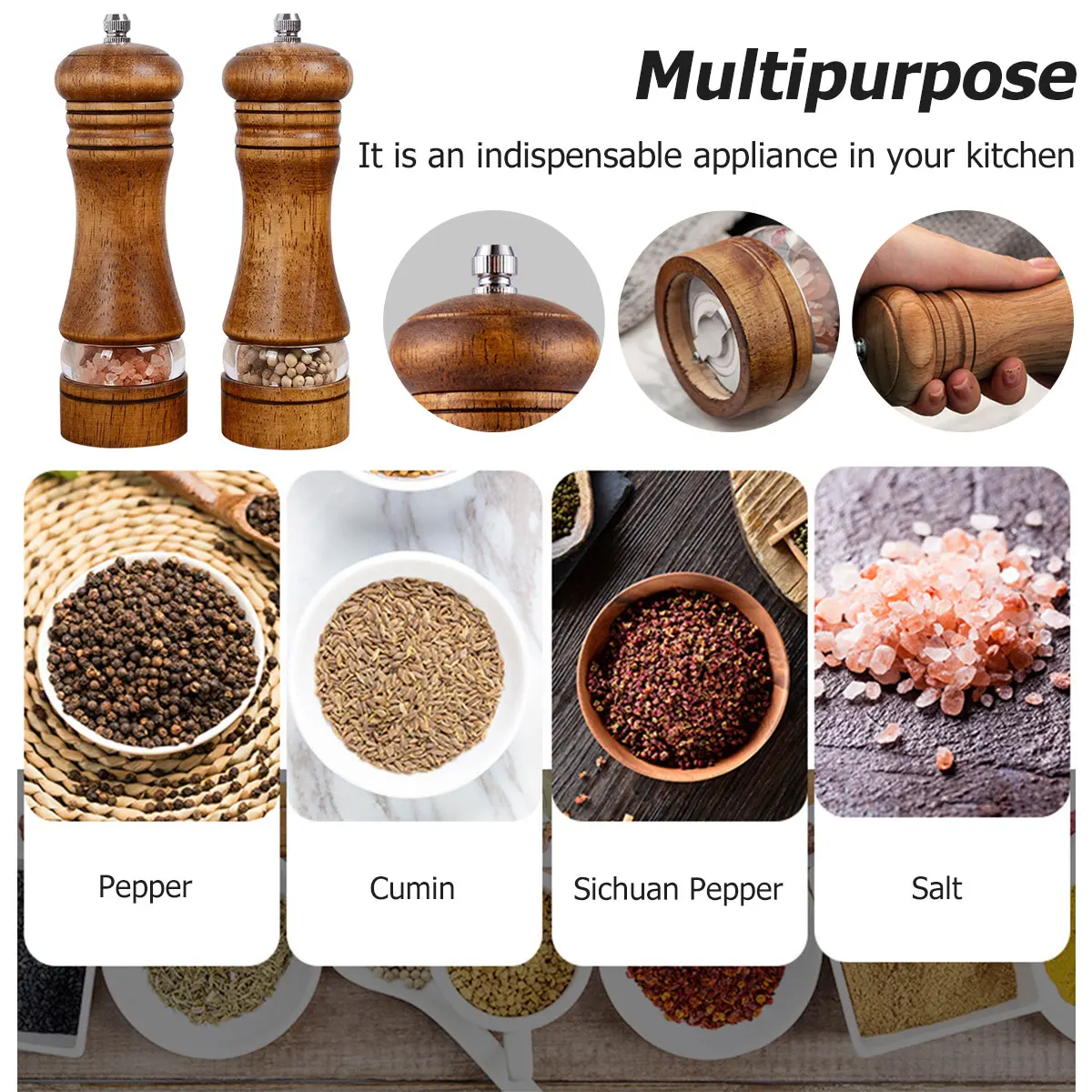 2Pcs Pepper Grinder Wooden with Ceramic Grinding Cores Coarseness Adjustable Manual Spice Grinder Multifunctional for Kitchen salt and pepper grinder nut spice grinder pepper grinder herb spice grinder