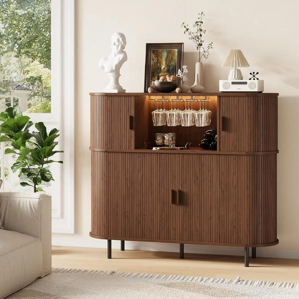 LED-Illuminated Fluted Wine Bar Cabinet with Coffee Station and Power Outlet, Modern Liquor Cabinet with Wine Rack & Glass Holde