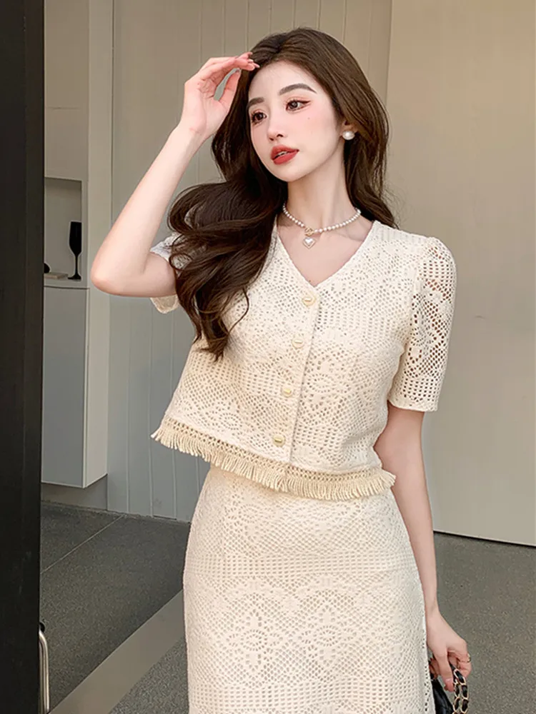 New Korean Fashion Lace Two Piece Set for Women Summer