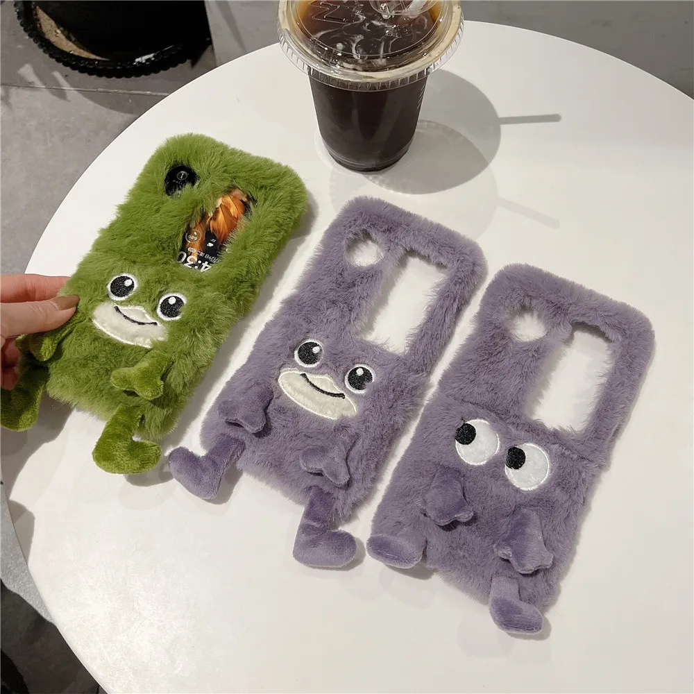 Funny 3D Green Frog Winter War Furry Phone Case For OPPO Find N2 N3 Flip Soft Plush Silicone TPU Back Cover For Vivo X Flip Case