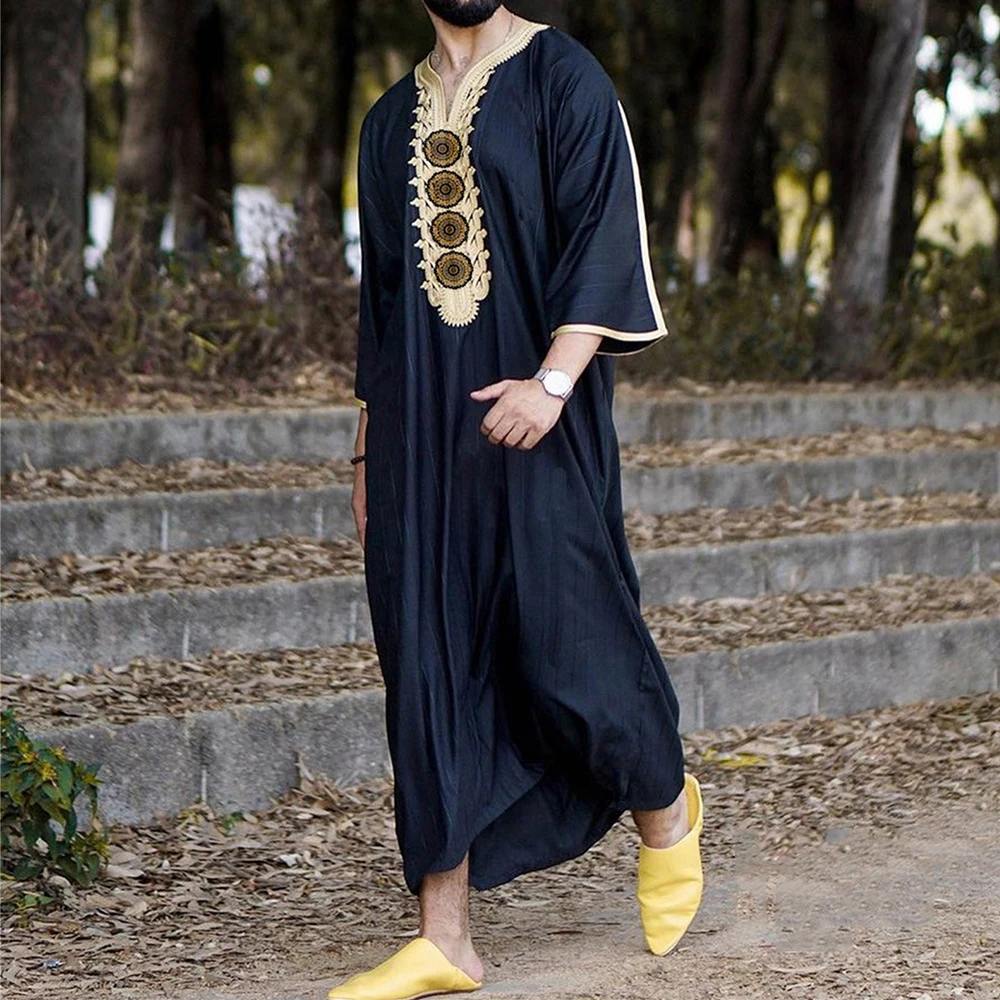 Muslim Men'S Robes Loose Straight Spring Summer Blouse Toga Solid Embroidery Patchwork Arab Middle Eastern National Costume - Image 5