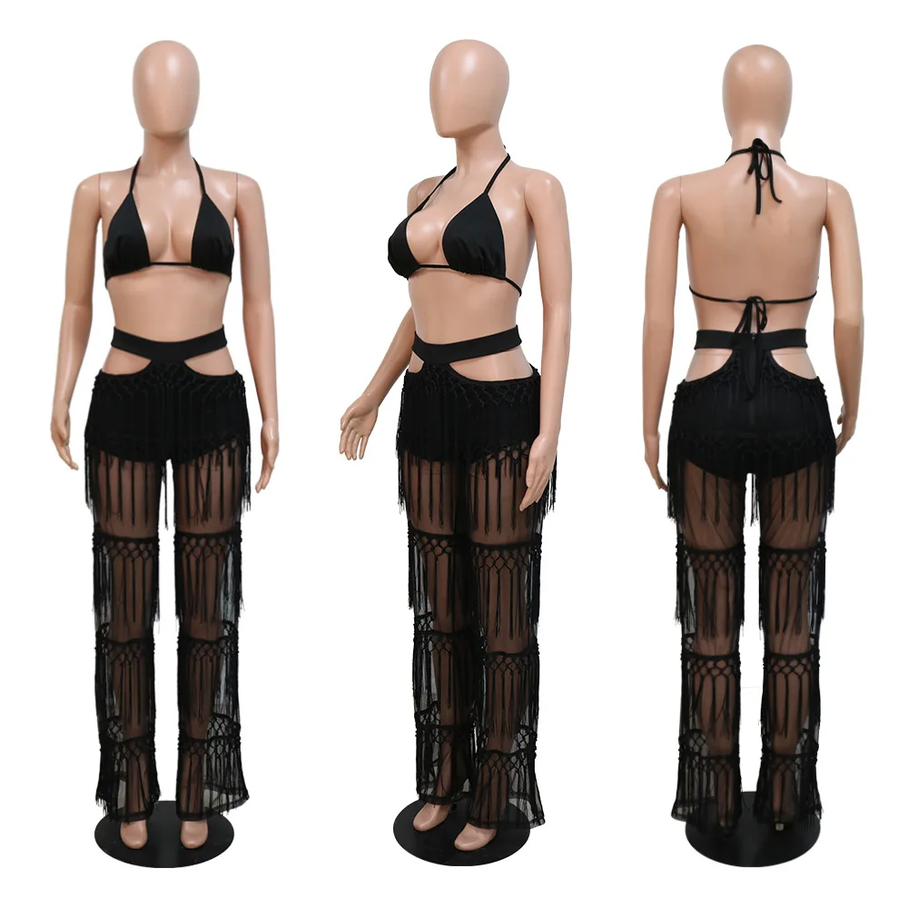 Fringe 2 Piece Pants Matching Sets 2022 Women Clothes Sexy High Waist Flare Pant Outfit Crop Bikini Tops Tassel Two Pieces Pant