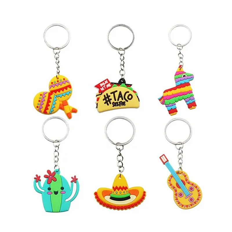 

6pcs Mixed Mexico Style Keyring Cactus Hamburg Alpaca Hat Guitar Soft PVC Keychain Car Key Accessories Small Gift