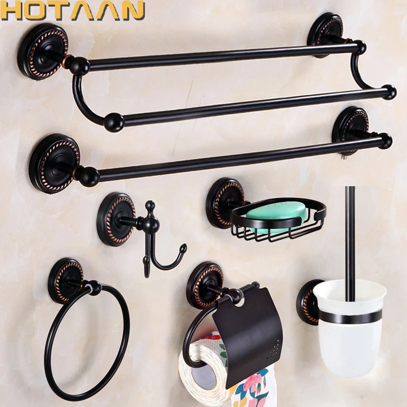Solid Brass Black Bathroom Accessories Set Robe hook Paper Holder Towel Bar Soap Basket Bathroom Fitting Sets